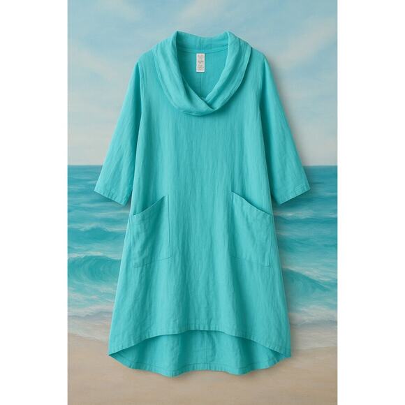 MatchPoint turquoise linen blend cowl neck tunic   L LAGENLOOK beachy minimalist - Picture 13 of 13